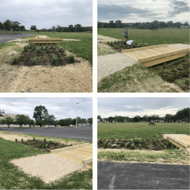 Four images depicting the process of building a bioswale